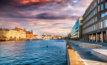 Beautiful Cityscape, Malmo Sweden, Canal At Sunset