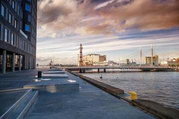 Wall Mural - Beautiful cityscape, Malmo Sweden, canal at sunset