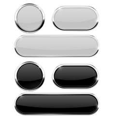 Wall Mural - Black and white glass buttons. Set of round and oval 3d icons with chrome frame