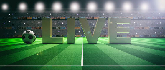 Text LIVE on a soccer football field background. 3d illustration