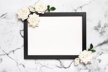 Blank Picture Frame On White Marble Table Top View, Mock Up For Adding Your Photo In Copy Space, Wedding, Mother's Day, Celebration Event