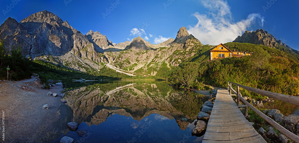 Panorama of Zelene pleso lake valley in Tatra Mountains, Slovakia, Europe - obrazy, fototapety, plakaty 
