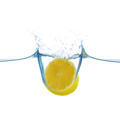 Canvas Print - Falling sliced lemon into water on white background