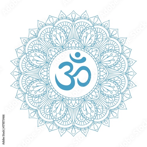 Aum Om Ohm symbol in decorative round mandala ornament. Canvas Print