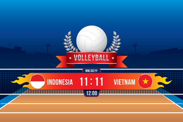 Volleyball tournament design with players and scoreboard.