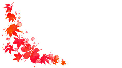 Wall Mural - Corner frame of crimson red and orange autumn leaves and abstract watercolor paint spots on copy space white background. Digital art painting for vertical or horizontal border design.