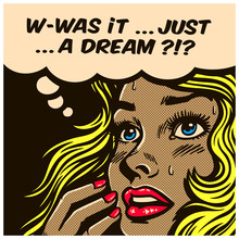 Pop Art Style Comic Book Panel Doubtful Wondering Woman Can't Tell Reality From Fantasy, Daydreaming, Dreams, Delusion, Vector Illustration
