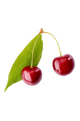 Wall Mural - Two ripe cherries with leaf on white