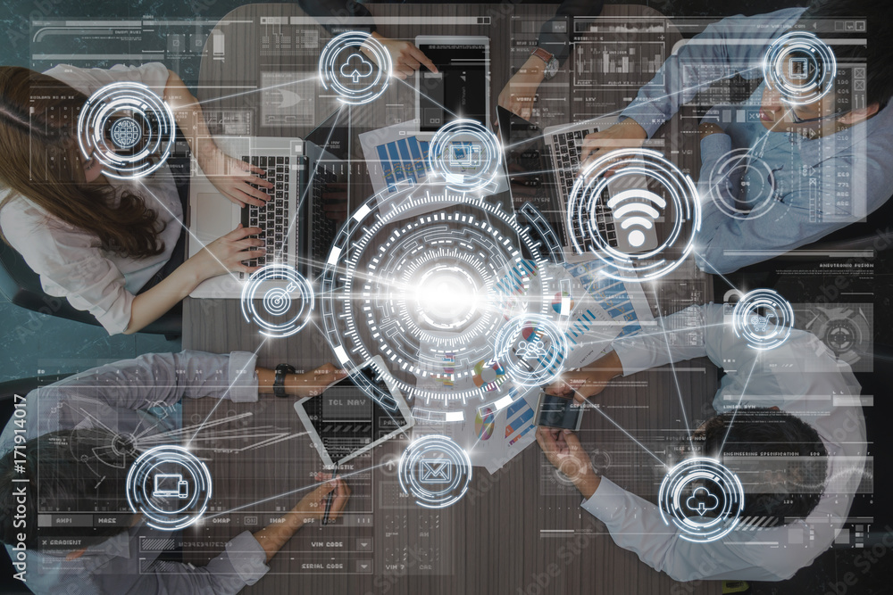 Technology Together technology digital virtual screen and Wireless communication connecting ...