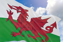 3D Rendering Of Wales Flag Waving On Blue Sky Background
