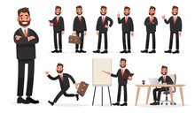 Happy Businessman. A Character Set Of An Office Worker Man In Various Poses And Situations