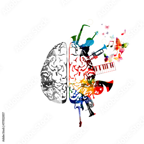 Music design vector. Colorful human brain with music instruments