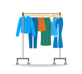 Women jean clothes hanging on hanger rack with rolling wheels. Vector flat illustration. New cotton collection. Trendy season wear. Jeans, jacket, skirts and jumpsuit shorts for stylish girl wardrobe.