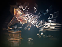 Gramophone With Golden Notes. Music Art Background.