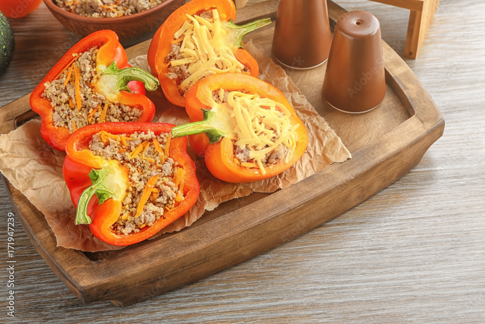 Quinoa stuffed peppers on kitchen table