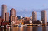 Fototapeta Miasta - Boston Financial District before sunrise viewing from Fan Pier Park, Boston, Massachusetts, USA