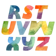 Large Raster Illustration With Colorful Gradient Letters Sequence. Alphabet Part From R To Z, Hand Drawn Font Isolated On White Background. Each Letter Drawn With Brush And Gradient Watercolor Ink