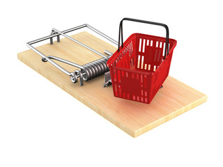 Wall Mural - mousetrap with shopping basket on white background. Isolated 3D illustration