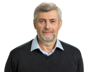 Portrait of grey hair man. Elegant mature man isolated on white background. Honest and wise silver beard man standing on white background.