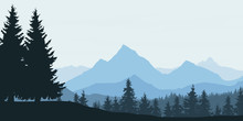 Panoramic View Of Mountain Landscape With Forest And Hill Under Blue Sky With Clouds - Vector