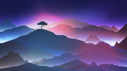 starry night in the mountains with a lone tree - vector illustration.