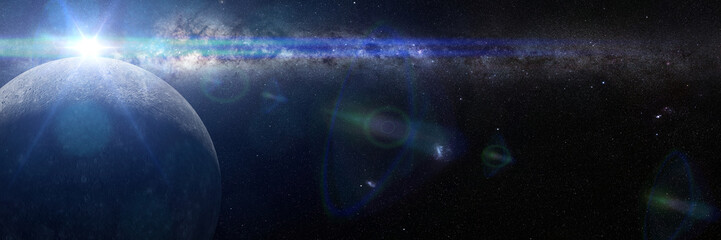 Wall Mural - sunrise over planet mercury lit by the sun and the milky way galaxy