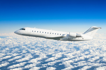 Passenger airplane flies on a flight level against a background of clouds and a blue sky