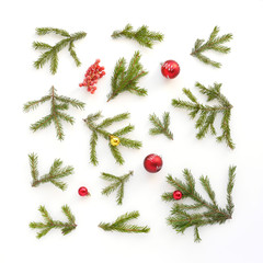 Wall Mural - Christmas tree branches and cones on white background, top view. New Year's background. Christmas background. 