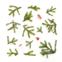Wall Mural - Christmas tree branches and cones on white background, top view. New Year's background. Christmas background. 