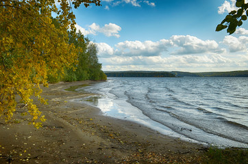 Wall Mural - autumn landscape colorful deciduous forests on the banks of rivers, lakes.