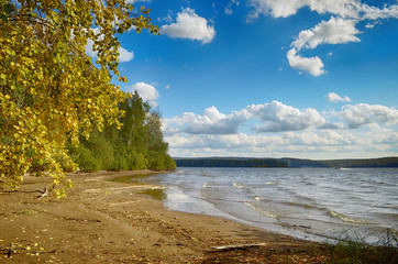 Wall Mural - autumn landscape colorful deciduous forests on the banks of rivers, lakes.