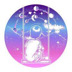 Wall Mural - Boy on a swing in mountains, dreamer tattoo art. Boy looks at stars. Lunar phases and Universe. Dreaming genius t-shirt design. Symbol of poetry, psychology, philosophy, astronomy, science