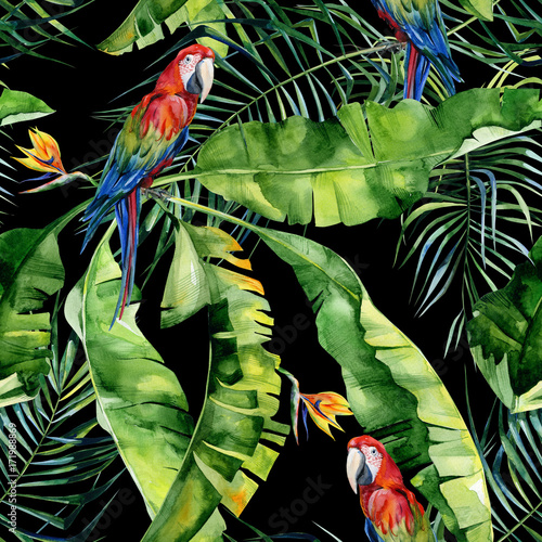 Seamless watercolor illustration of tropical leaves, dense jungle. Scarlet ma...