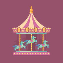 Funfair Carnival Flat Illustration. Amusement Park Illustration Of A Pink And Yellow Carousel With Horses At Night