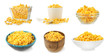 Collage of corn kernels on white background