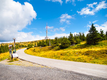 Asphalt Road Leading To TV Transmitter And Lookout Tower On The Summit Of Praded Mountain, Hruby Jesenik, Czech Republic.