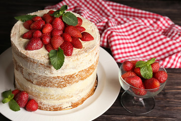 Sticker - Delicious strawberry cake on wooden table