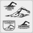 Set of swimming emblems, labels and design elements. Vector illustration.