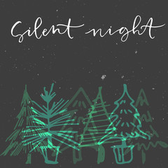 Abstract stars on dark background with Christmas tree and handwritten calligraphy phrase Silent Night. Greeting card and poster.