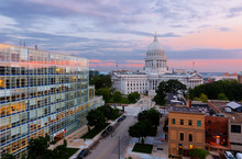 Bird's Eye View Of The Wisconsin State Capital At Sunset.  The Building Houses Both Chambers Of The Wisconsin Legislature Along With Wisconsin Supreme Court .