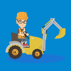 Poster - little caucasian builder kid in hard hat driving an excavator. Happy boy operating an excavator. Builder kid sitting in cockpit of an excavator. Vector sketch cartoon illustration. Square layout.