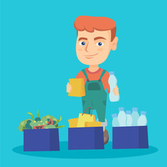 Wall Mural - Caucasian boy holding plastic bottle and paper bag in hands while standing near three boxes with plastic, paper and food waste. Boy separating waste. Vector cartoon illustration. Square layout.