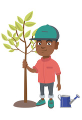 Wall Mural - African-american smiling boy planting a tree. Eco-friendly boy standing near newly planted tree and watering can. Vector sketch cartoon illustration isolated on white background.