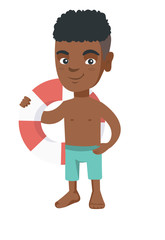 Sticker - Little african boy in shorts holding a red-white lifebuoy. Smiling boy standing with lifebuoy. Boy is going to swim with lifebuoy. Vector sketch cartoon illustration isolated on white background.