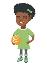 Wall Mural - African-american cheerful schoolgirl laughing and holding a basketball ball. Happy smiling little schoolgirl with a basketball ball. Vector sketch cartoon illustration isolated on white background.