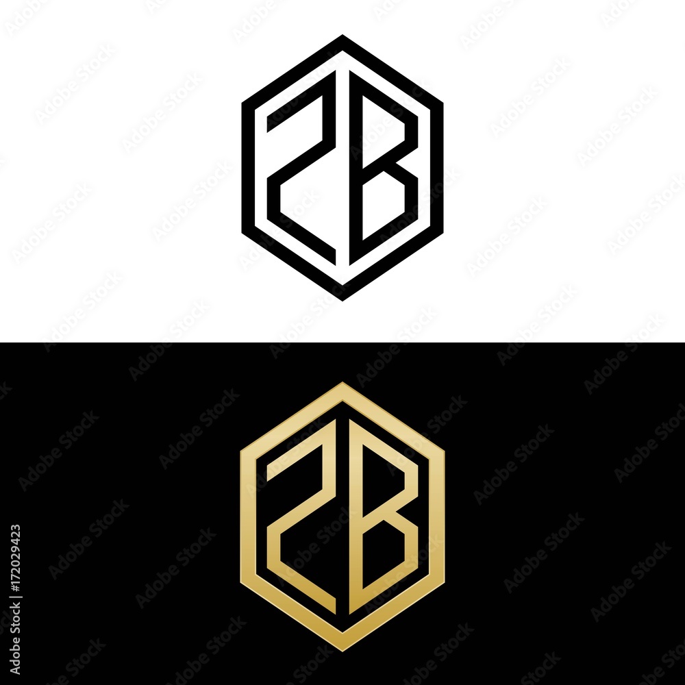 initial letters logo zb black and gold monogram hexagon shape vector ...