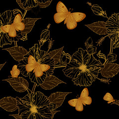 Sticker - Butterfly and Hibiscus flower pattern by hand drawing.Tattoo art highly detailed in line art style.Fish and flower seamless pattern on batik cloth.