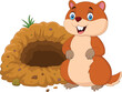 Cartoon groundhog in front of its hole