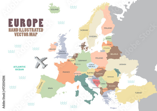 Fototapeta na szkło Mapa Europy z kolorem i nazwą