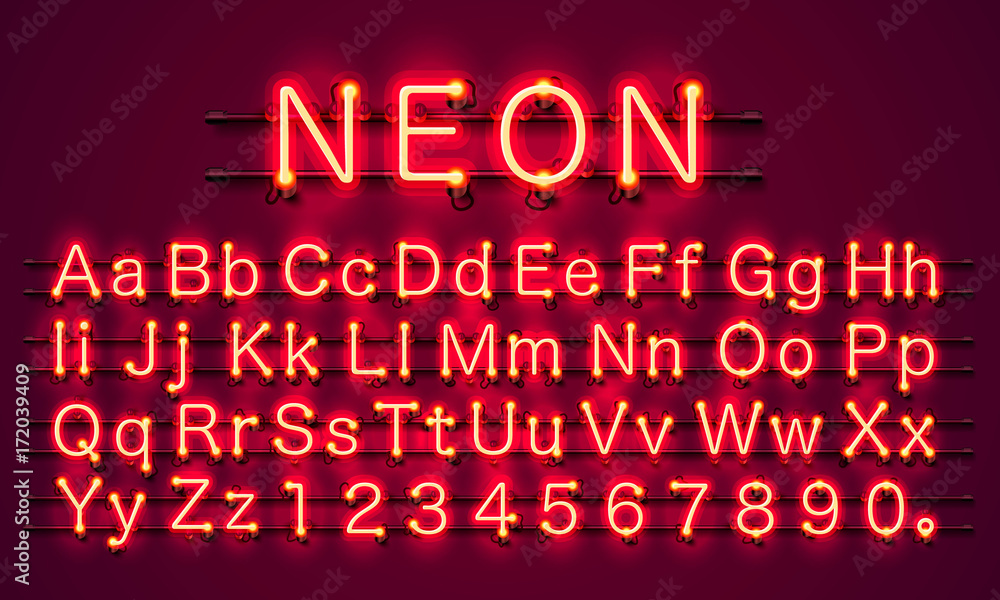 Neon city color red font. English alphabet and numbers sign. Vector illustration - obrazy, fototapety, plakaty 